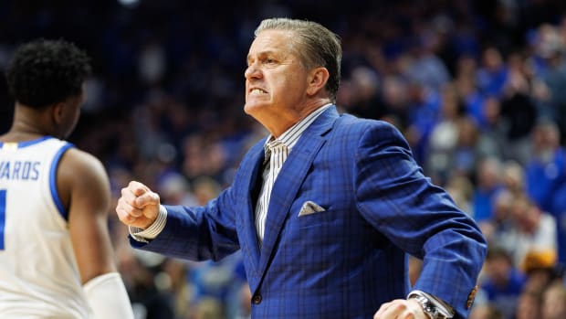 Feb 24, 2024; Lexington, Kentucky, USA; Kentucky Wildcats head coach John Calipari reacts after a play during the first half against the Alabama Crimson Tide at Rupp Arena at Central Bank Center. Mandatory Credit: Jordan Prather-USA TODAY Sports